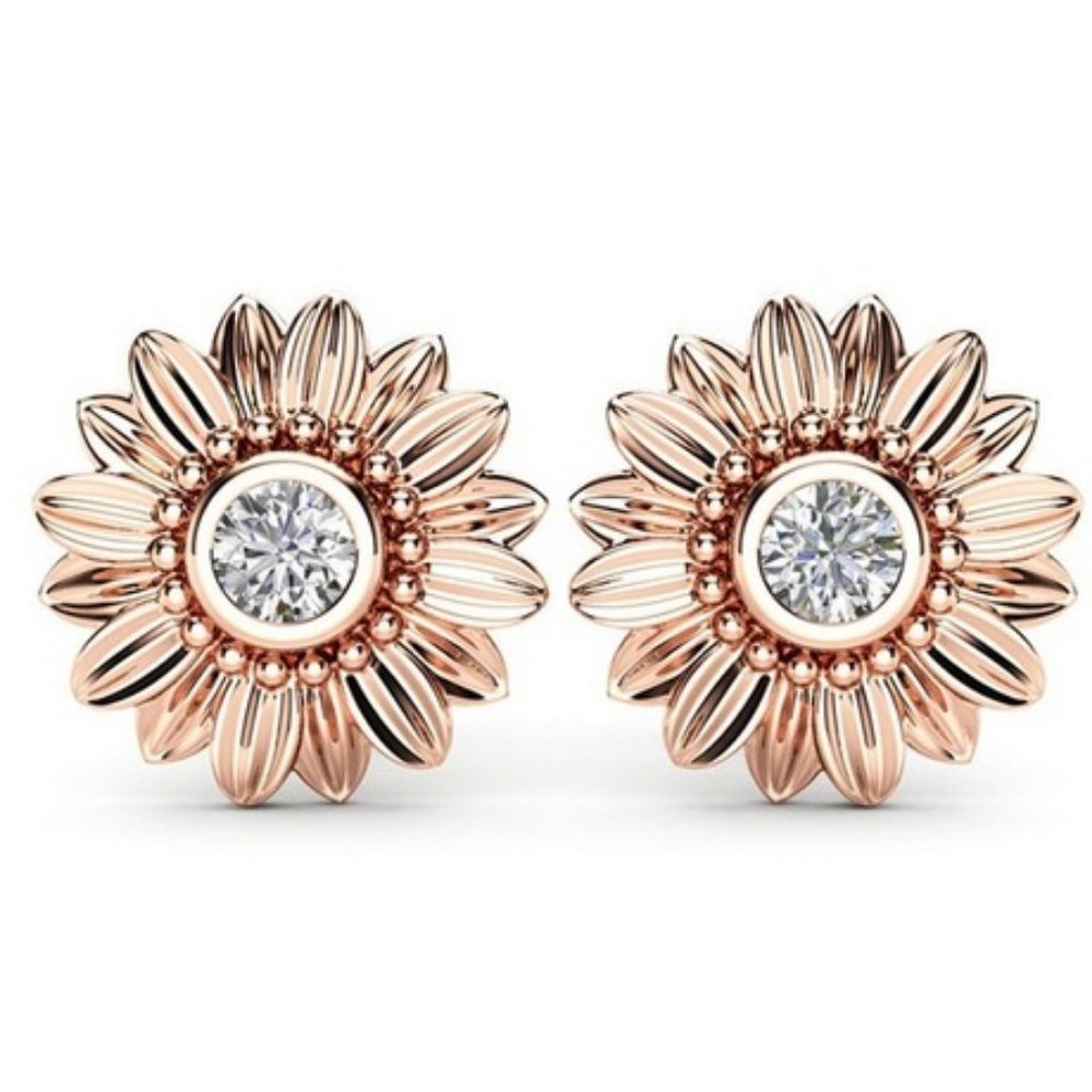 NEW 18K Rose Gold Diamond Sunflower Stud Earrings